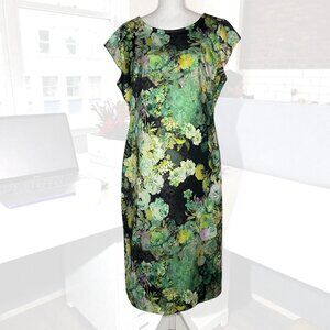 New York & Company Women's XL Floral Stretch Sheath Dress Green Midi Office Chic